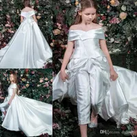 Tjejer jumpsuit med lång tåg vit blomma flicka klänningar av axel sopa tåg elegant prom klänning fest zuhair murad dress vestidos festa