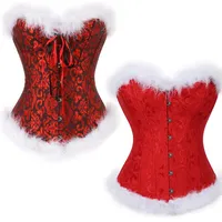 Dames Halloween Kerst Feestelijke Witte Fuzzy Trim Jacquard Lace-up Overborst Corset Bustier voor Big Miss Santa Plus Size S-6XL Rode Mix Kleur