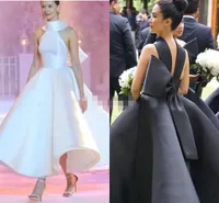 2020 최신 새틴 Ballgown Prom Dresss 높은 목 검은 백색 큰 활 plunging 발목 길이 맞춤형 저녁 가운 공식 행사 착용