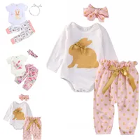 Baby Girls Krótki Z Długim Rękawem Wielkanoc Rabbit Romper + Dot Kwiat Drukowane Spodnie + Pałąk 3 Sztuk Strój Garnitur Kids Cute Odzież Set 3 Kolory