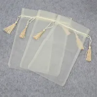 Tassel Decor Drawstring Gifts Organza Bags Wedding Christmas Party Favours Packaging Light Yellow 10x15 15x28 mm Jewel Pouches