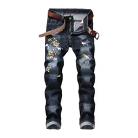 Pantalones vaqueros para hombre estilo floral bordado floral longitud de longitud completa pantalones de mezclilla recta pista de moda lavado pantalones elásticos