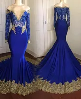 2022 Luxury Gold Lace Royal Blue Mermaid Prom Evening Dresses South African Real Photo Långärmad Sleeves Off Shoulders Lång formella klänningar