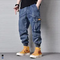 Jeans para hombres japoneses de moda vintage jeans jeans sueltos bolsillos múltiples calzones de mezclilla