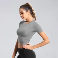 US Stock Designed New Women Girls Yoga T-Shirt Black White Grey Sports Gym Wears Outdoor Running Sports Top Fitness Workout FY9096