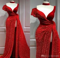 Najnowszy Arabski ASO EBI Dark Red Mermaid Suknie Wieczorowe Cekinowe Wysokie Split Formalne Sukienka Wieczorowa Party Suknie Vestidos Roll