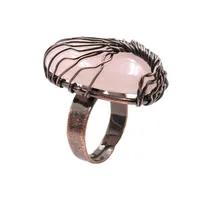 10 Pcs Copper Plated Resizable Finger Ring Wire Wrap Oval Shape Rose Quartz Opalite Opal Fashion Jewelry