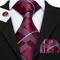 Fast Shipping Tie Set Fashion Red White Plaid Men&#039;s Silk Jacquard Woven Necktie Pocket Square Cufflinks Wedding Business N-5151