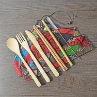 6 designer bambu bestick set 7st / set Portable bestick set med tygväska Väskor set kniv gaffel sked ätpinnar halm porslin set