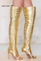Heißer Verkauf-Botas Mujer Sommer Mode Schmale Band über den Kniestiefel Oberschenkel Hohe Gold Schwarze Schuhe Frauen Reißverschluss Offene Zehe Dünne High Heels