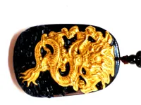 18K 999 Pure Yellow Gold Inlay Natural Obsidian Black Jade Hanger Dragon Ketting Trui Keten Sieraden Gift Groothandel