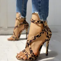Женская мода Высокие каблуки зашнуровать обувь Leopard сандалии ремень пятки Hollow замши дамы Peep Toe Stilettos партии обуви 12см