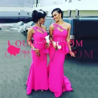 2019 Elegancki Różowy Różowy Jedno Ramię Syrenki Druhna Suknie Arabskie Wedding Party Suknie Tanie Długa pokojówka Suknie Honor
