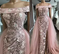 Dusty Pink 3D Bloemen Zeemeermin Avondjurken Elegant Off The Shoulder Afneembare Trein Plus Size Prom Jurk 2020 Formele feestjurk
