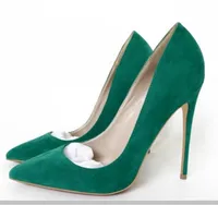 Ny typ Green Suede Tips Högklackad Toes Slim-Heeled Single Shoes Kvinnors Skor 8cm 12cm 10cm Storlek 45 Blå Nattklubb Röda Pumpar
