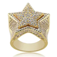 Hip hop estrela diamantes anéis para homens luxo cristal anel de prata de ouro 18 k banhado a ouro zircão cobre anel jóias presentes para bf frete grátis