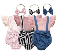Baby Girls Ubrania Dzieci Solidna T Shirt SHUMENCE SHORTS BOWKNOT Pałąk Odzież Ustawia Letnie Muche Sleeve Top Striped Hairband Garnitur CYP619