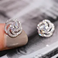 Handgjorda kvinnors mode smycken 925 Sterling Silver Round Cut White Topaz CZ Diamond Gemstones Kvinnor Bröllop Rose Flower Stud Earring Gift