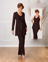 Kahverengi Ursula Şifon Pantolon Anne Için Takım Elbise Gelin Scoop Boyun Çizgisi Düğün Anneler Için Ucuz Elbiseler Parti Akşam Konuk Elbise
