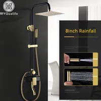 Black Golden Shower Faucet Mixer Set Rainfall 8 "Acero inoxidable Cabezal de ducha Caño giratorio Inodoro Bidé Shattaf Pulverizador