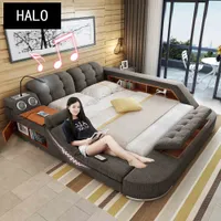 TB024 Europe and America Hemp fabric soft bed frame bedroom furniture with speaker massage sofa storage box multifunction bed