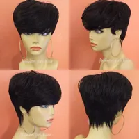 Brazylijski Pixie Cut Human Hair Wig with Bang Short Bob Prosto Brak Koronkowe Przód Peruki dla Czarnych Kobiet