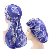 2st Set Custom Designer Print Silky Satin Durag Match Silk Bonnet för kvinnor Silky Bandanas för Män Long Tail Durags Wave Cap Sleep Cap
