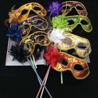 New Party Masks For Adults Gold Cloth Coated Flower Side Venetian Masquerade Decorations Party Mask On Stick Carnival Halloween Costume