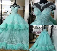 Luxus Quinceanera Kleider Spitze Applique Perlen Federkappenhülse Blau Ball Kleid Sweep Zug Sweet 15 Gowns Plus Size Prom Dress Custom Made