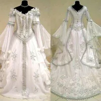 Robes de mariée médiévale Sorcière Celtic Tudor Costume Renaissance Victorien gothique de l'épaule robe de mariée à manches longues robe de mariée