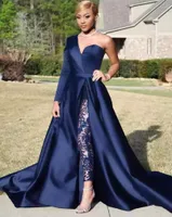 Elegante One Shoulder Prom Dresses Afneembare Rok Twee Stukken Blauw Jumpsuits Avondjurken Side Slit Broek Pak Celebrity Party Wear