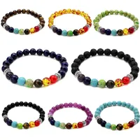7 Chakra bracelets breloques Perles de yoga pour femmes des hommes de guérison Lava Rock Tiger Eye Ambre Turquoise Améthyste lapis Bijoux en pierre naturelle
