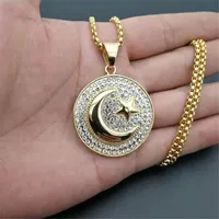 Hip Hop Iced Out Crescent Moon and Star Pendant Stainless Steel Round Muslim Necklace for Women Men Islam Jewelry Dropshipping