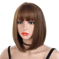 Brown Short Wigs Bob Style Straight Synthetic Black Women&#039;s Wig with Bangs 12 Inches Soft Hair Blonde Wig