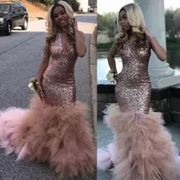 2020 Nowe Sexy Black Girls Mermaid Pink Prom Dresses Cekinowy Afrykański Potargowany Pociąg Długie Formalne Wieczorowe Suknie Party Vestido de Gala