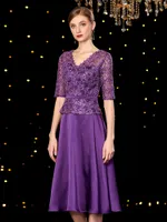 Fancy Purple Mother of the Bride Dresses Elegante pizzo floreale scollo a V mezze maniche abiti da sposa 2019 Nuovo arrivo