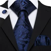 Hızlı Kargo Ipek Kravat Set Siyah Mavi Çiçek erkek Toptan Klasik Jakarlı Dokuma Kravat Cep Kare Kol Düğmeleri Düğün Business N-5505