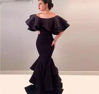 Arabiska Long Mermaid Tiered Skirt Evening Dresses Robe de Soiree Black Satin Sexy Prom Party Gowns 2019 Cheap AbendKleider