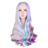 Rainbow Colorful Long Wavy Wig Cosplay Party Women Heat Resistant Synthetic Hair Wigs