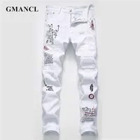 Yeni Erkekler Streetwear Kişilik Yırtık Baskılı Beyaz Skinny Jeans Hip Hop Punk Rahat Motosiklet Streç Kot Kot Pantolon CX200701