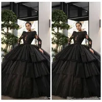 Elegant fantastisk bollklänning svart quinceanera klänningar spetsar applikationer tyll tiered special tillfälle party klänningar formella långa vestidos de soiree