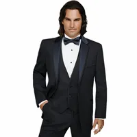 Anpassad Två Knappar Svart Groom Tuxedos Tre Pieces Passar Groomsman Prom Passar Business Suit Terno Noivo (Jacka + Byxor + Vest + Bow)