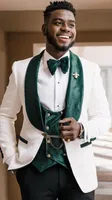 White Paisley Groom Tuxedos with Green Velvet Collar Groomsman Wedding 3 Piece Suit Popular Men Proms Prom Jacket Blazer 16