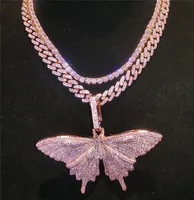 Iced Out Pink Animal Butterfly Collar Colgante con cadena de tenis Rosa Zircon Circon Mujeres Hip Hop Jewelry