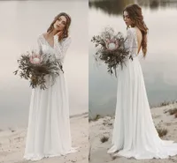 Дешевые кружева длинные рукава богемное платье свадебное платье элегантные v шеи открыть назад шифон пляж boho bridal платье