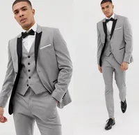 3 Piece Grey Mens Suits Black Lapel Custom Made Wedding Suits for Groom Groomsmen Prom Casual Suits (Jacket+Pants+Vest+Bow Tie)