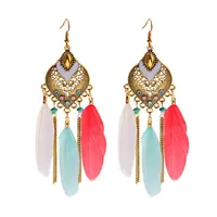 Gold Alloy Summer Colorful Feather Dangling Earrings Handmade Long Chain Tassel Indian Earrings Ladies Jewelry