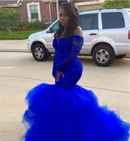 Sexy Afrikaanse zwarte meisjes Royal Blue Mermaid Prom Dresses 2020 Lange Mouw Kant Geappliceerd Tule Rok Dames Long Party Wear Evening Jassen
