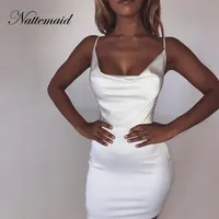 Nattemaid Backless Straplez Saten Bodycon Elbiseler Kadınlar Mini Clubwear Zip Bandaj Elbise Yaz Kulübü Seksi Beyaz Elbise Vestidos