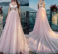 Blush Pink Brautkleider mit kurzen Ärmeln Sheer Neck Tüll Spitze Appliques Bohemian Wedding Dress Brautkleider Boho Tüll Vestidos
